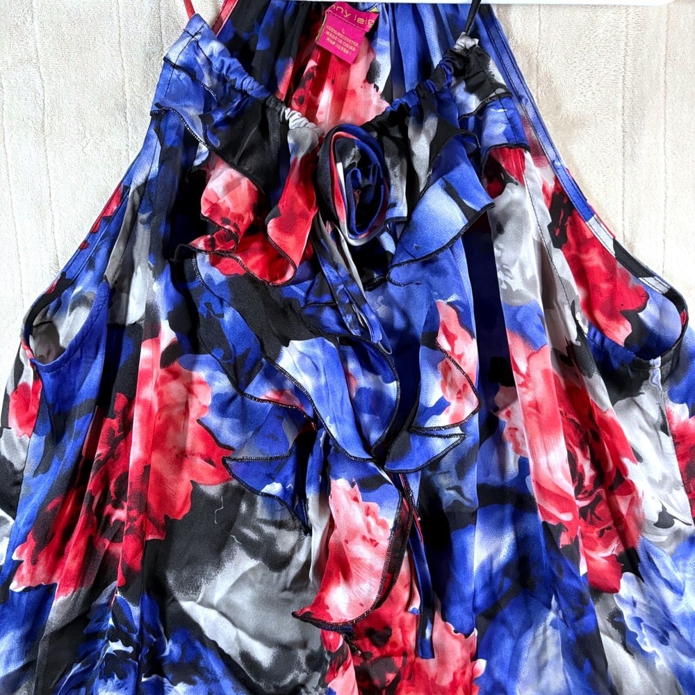 Y2K Women's Silky Floral Ruffle Sleeveless Top - Red, Blue, and Gray Size Large - Picture 5 of 13